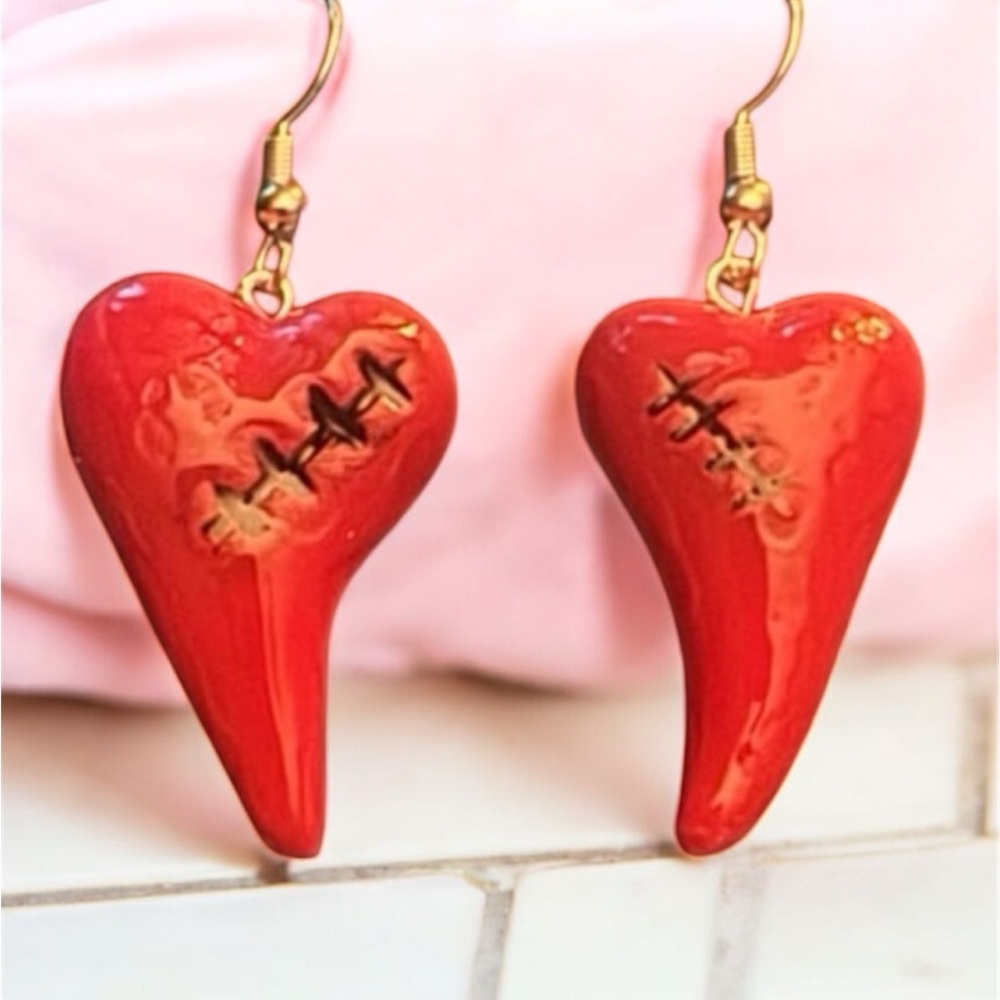 Stitched Red Heart Earrings
